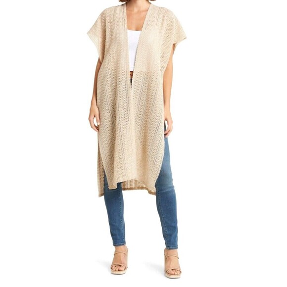Steven Madden Women's Open Weave Short-Sleeve Kimono beige Cover Up on size - Picture 1 of 12